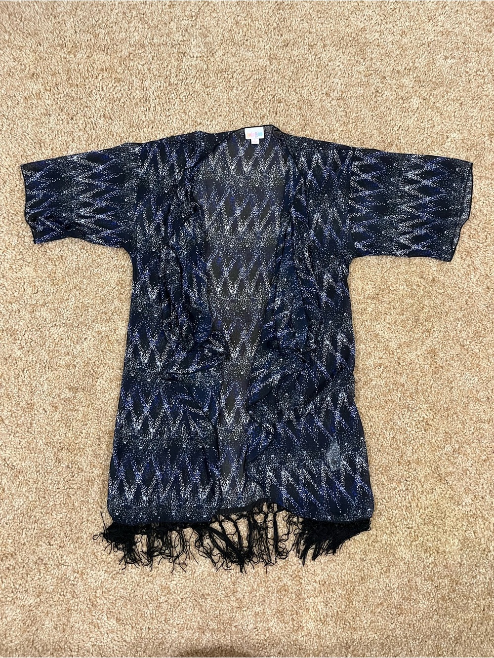 LuLaRoe Navy Black White Metallic Zigzag Fringe Kimono Women’s Small